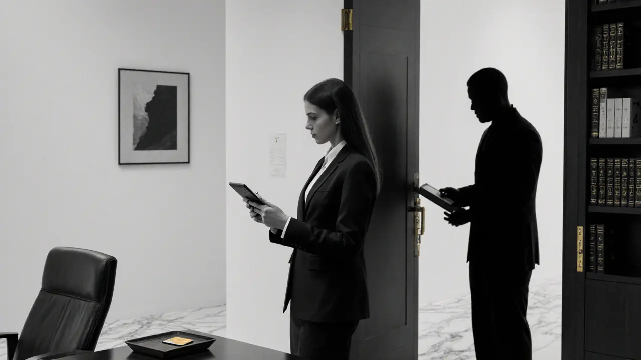 A discreet luxury agency office with minimalist design, a professional woman reviewing a tablet, and a shadowed figure handing an envelope.