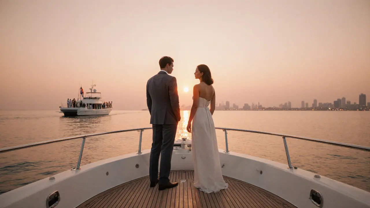 A discreet yacht at sunset with two figures quietly conversing on deck overlooking the sea.