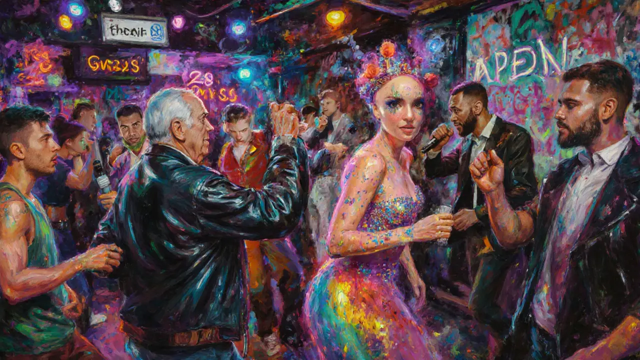 A diverse crowd dancing in a vibrant queer club, with glitter, graffiti, and pulsing neon lights.