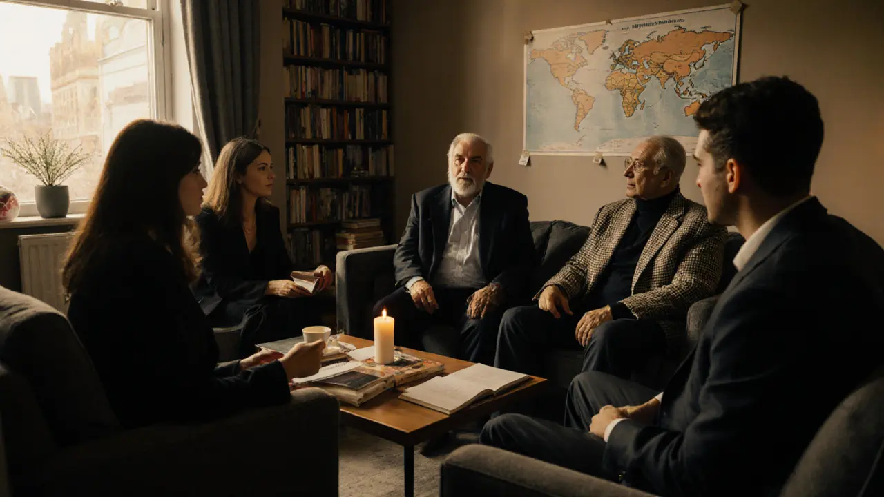 A diverse group of clients and a professional companion engage in thoughtful conversation in a cozy London living room.