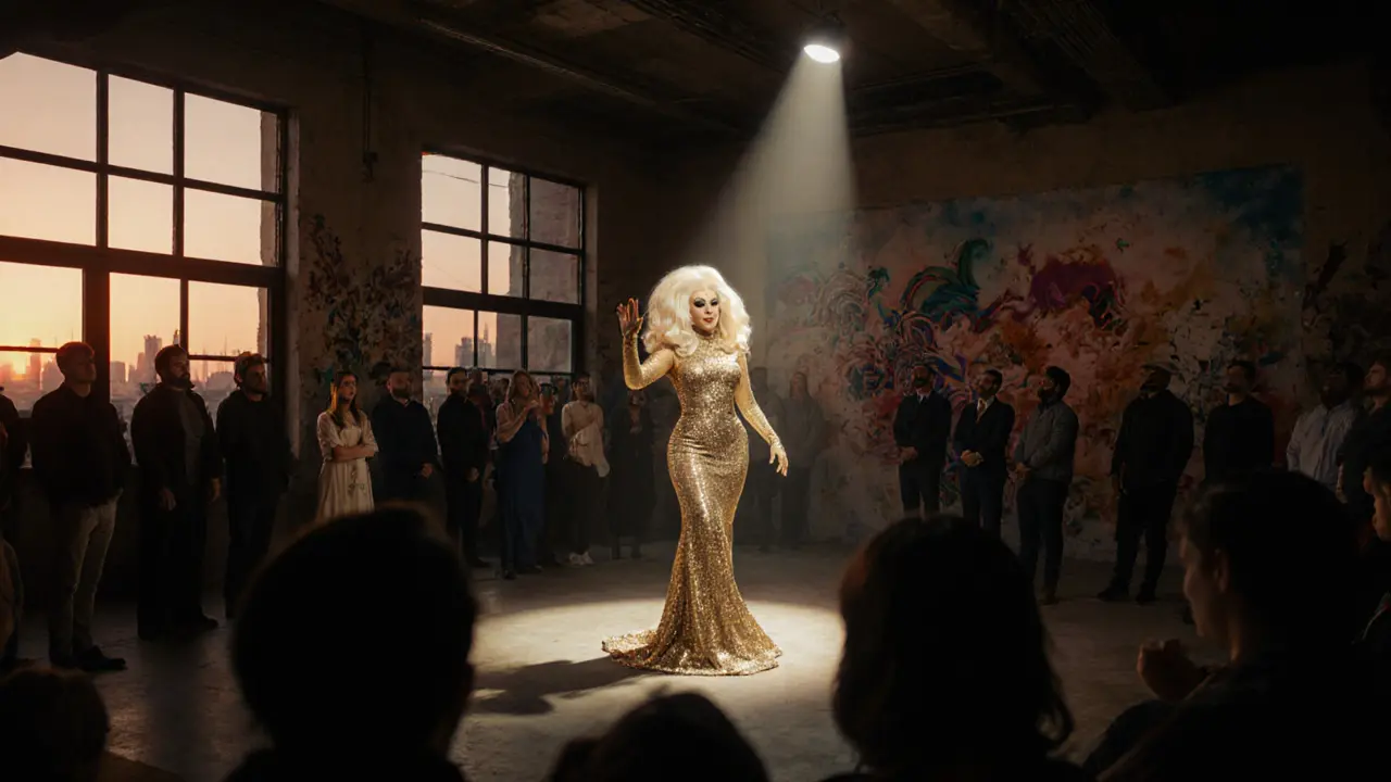 A drag performer under a spotlight in a warehouse, the crowd moved to silence at sunrise.