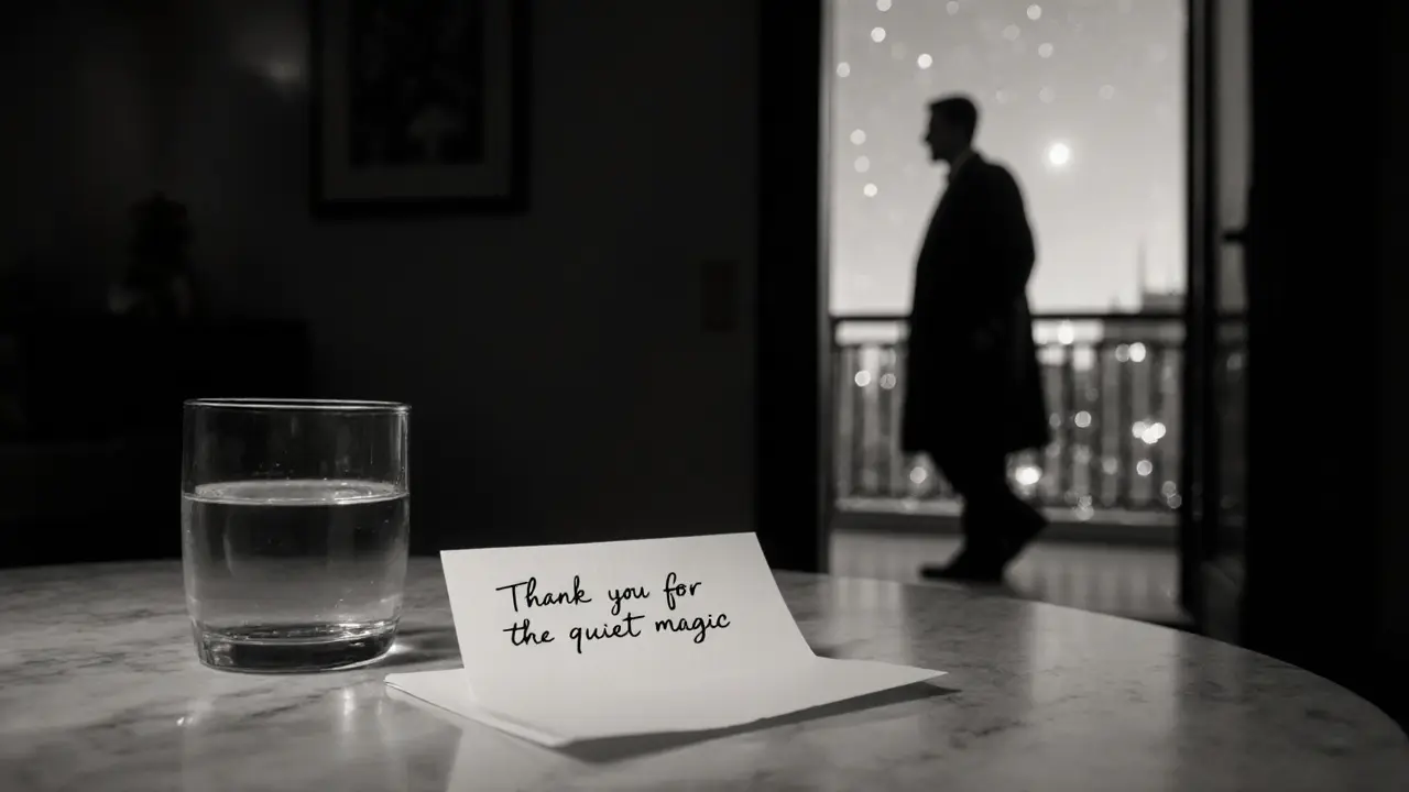A handwritten note beside a cup of jasmine tea, left on a marble table under a starlit night.