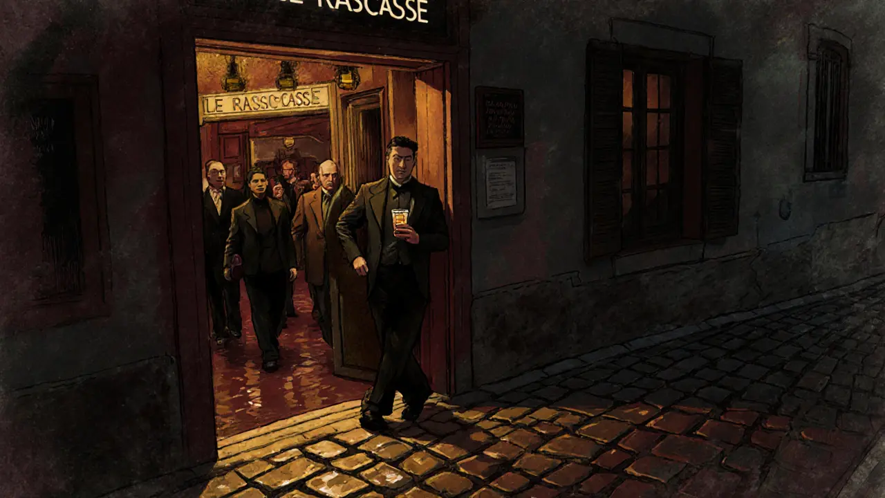 A hidden bar in Old Monaco, Le Rascasse, with warm light spilling onto wet cobblestones and a doorman standing quietly.
