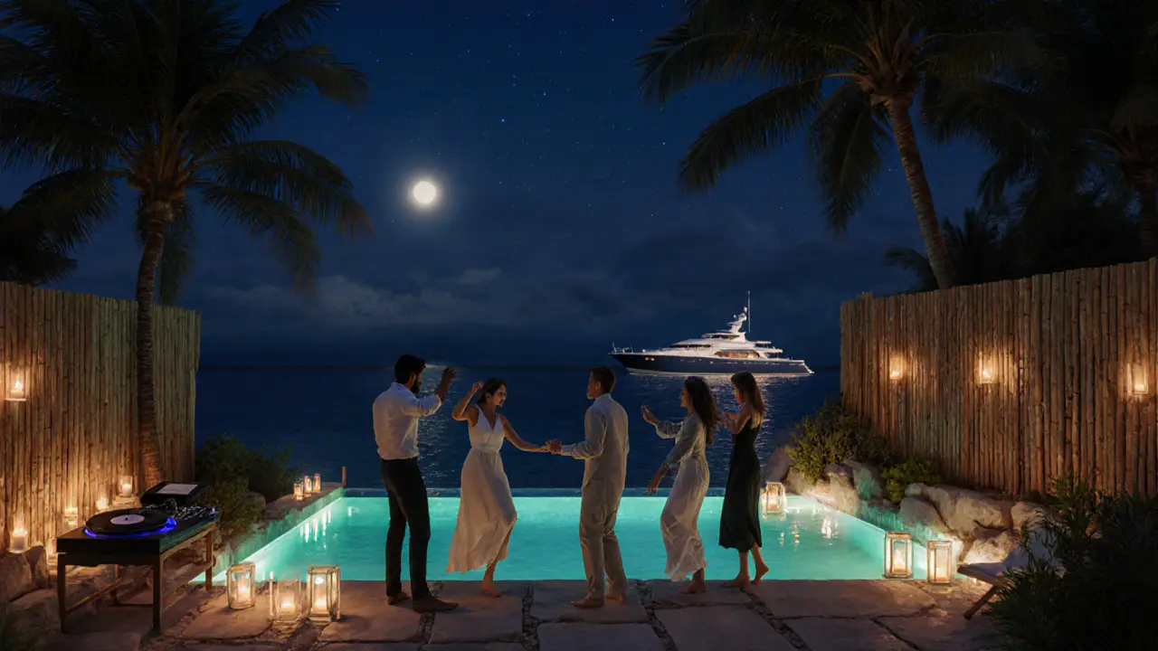 A hidden beach club at midnight, lit by candles and underwater lights, guests dancing barefoot on stone near a silent yacht.