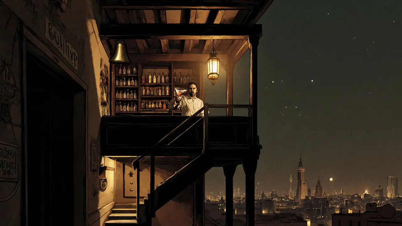A hidden rooftop bar above a spice shop, lit by lanterns with a bartender pouring a smoky cocktail.