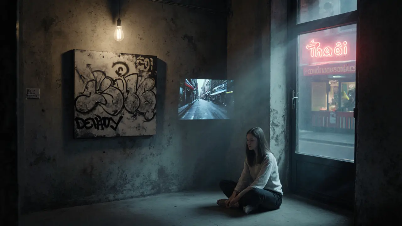 A hidden underground gallery with raw art and audio installations, illuminated by a single flickering bulb.