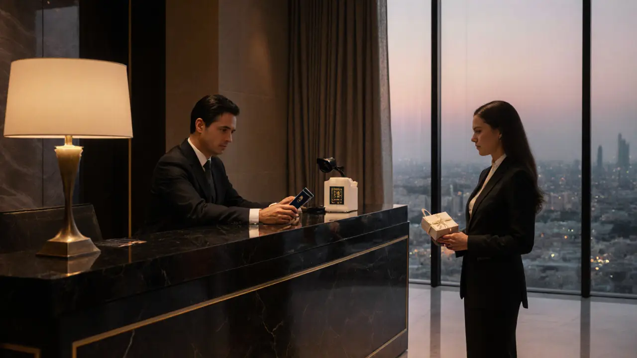 A hotel receptionist verifying a guest&#039;s passport while a professionally dressed companion waits nearby.