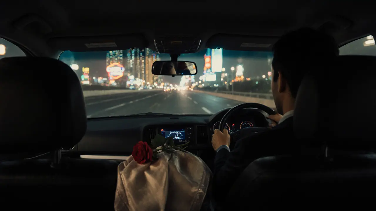 A luxury car at night, a rose and silk scarf left on the back seat, symbolizing a quiet, meaningful farewell.