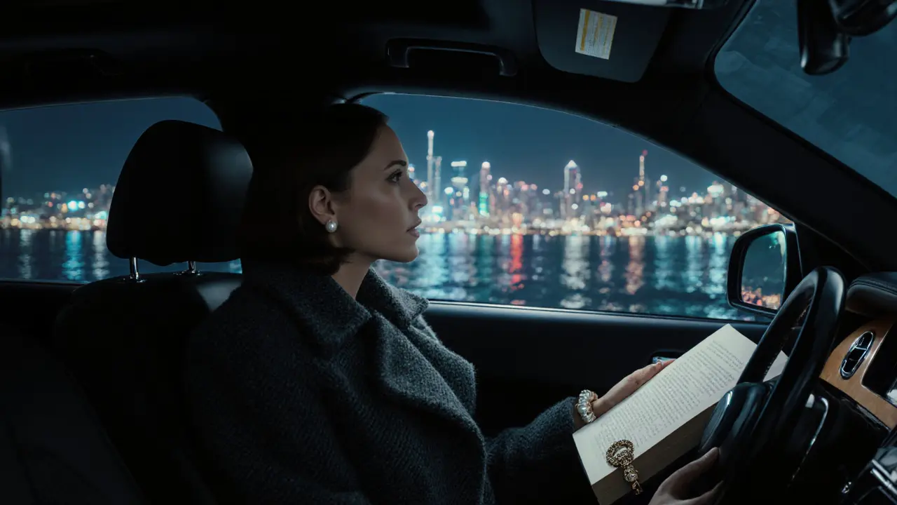 A luxury car glides along a coastal road at night, interior lit warmly, with a bracelet and book visible on the backseat.