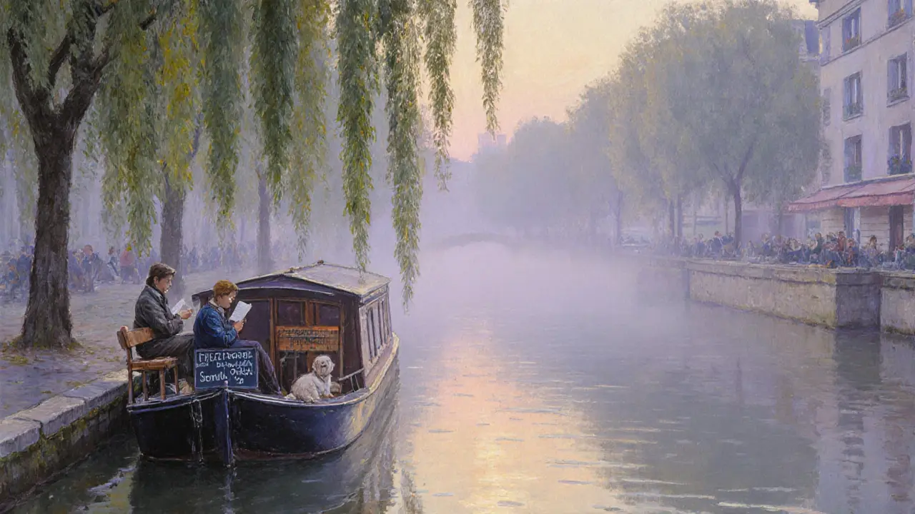 A misty canal at dawn with a floating barge and two locals reading on a bench, their dog beside them.