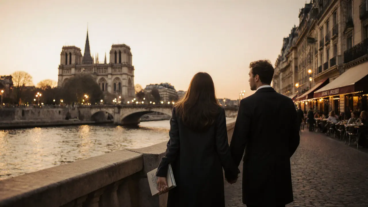 A modern escort and client walking along the Seine, discussing art at sunset.