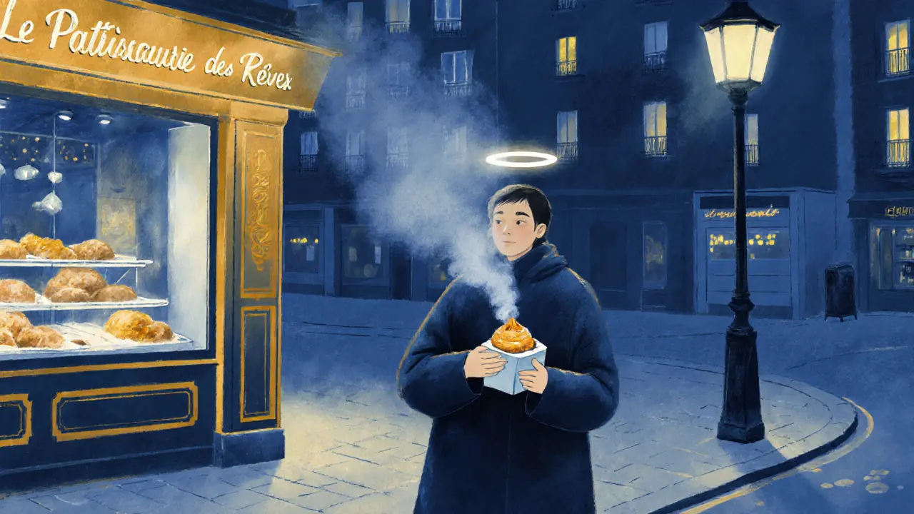 A person standing alone at dawn eating a pastry, steam rising in the cold night air.