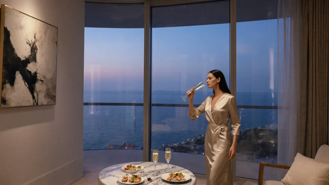 A private luxury apartment with elegant dinner setting and panoramic sea view at dusk.