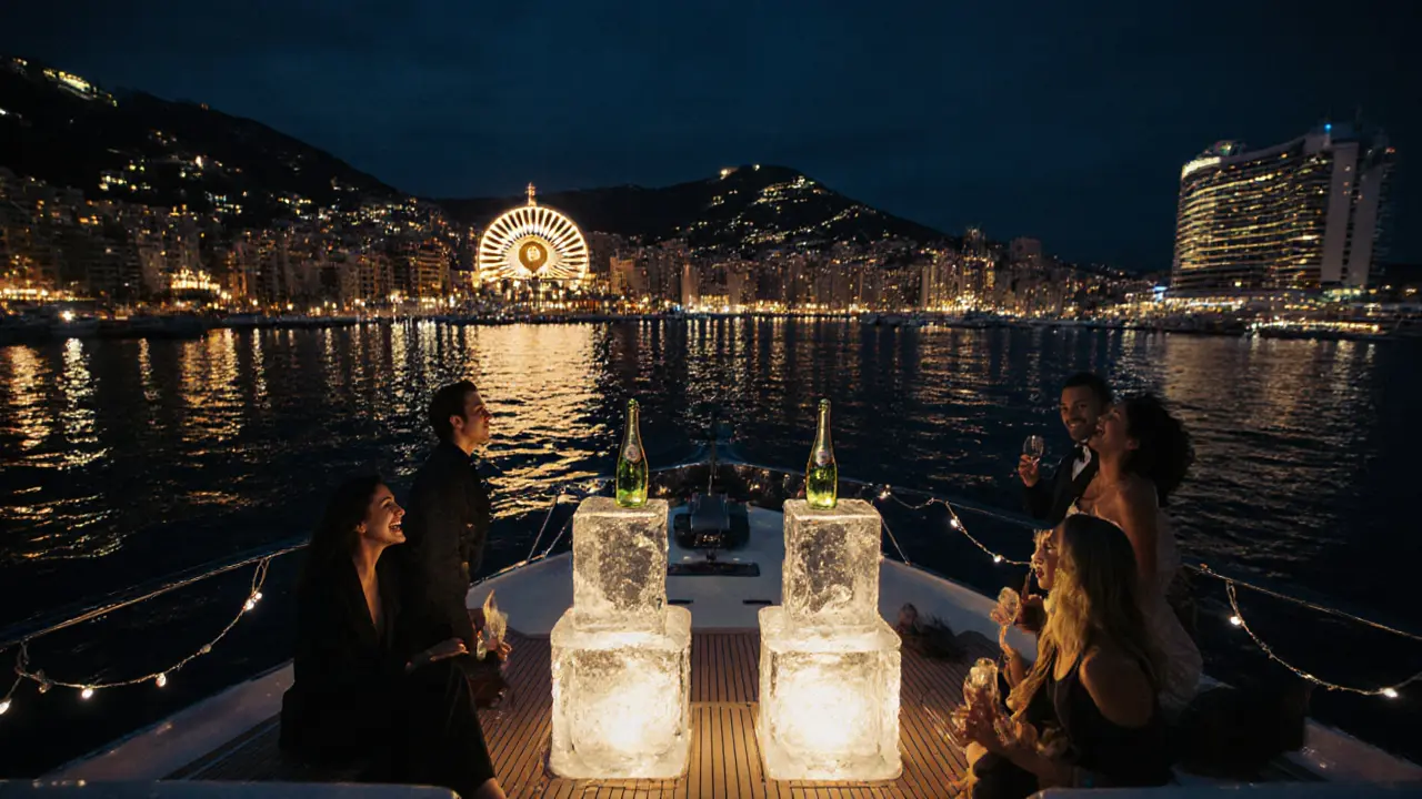 A private yacht floats on the Mediterranean at midnight, with Monaco&#039;s glittering skyline in the distance.