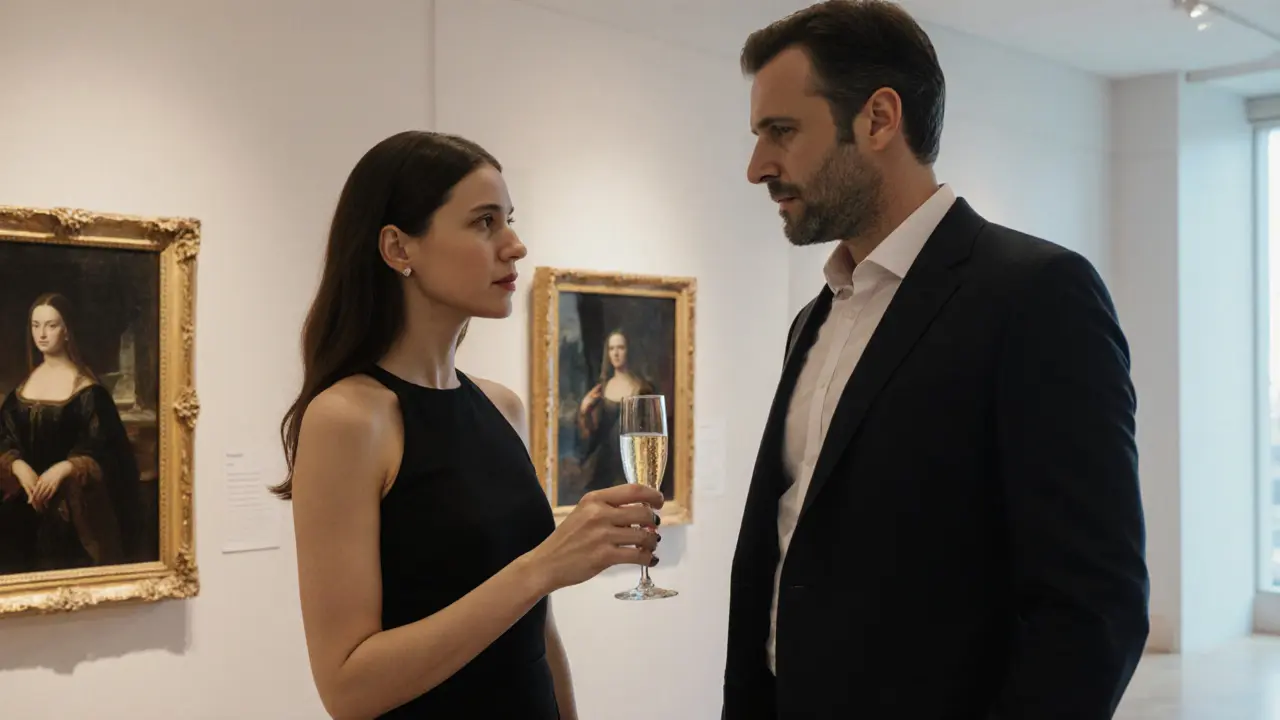 A professional companion listens attentively beside a client at an art auction, surrounded by Renaissance paintings and soft gallery lighting.