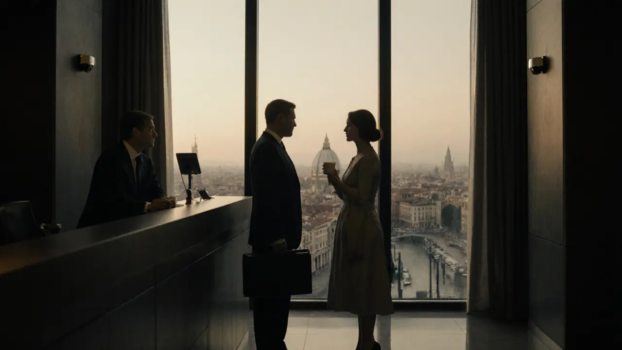 A professional meeting in a Milan hotel lobby at dusk, both dressed formally, safe and discreet.