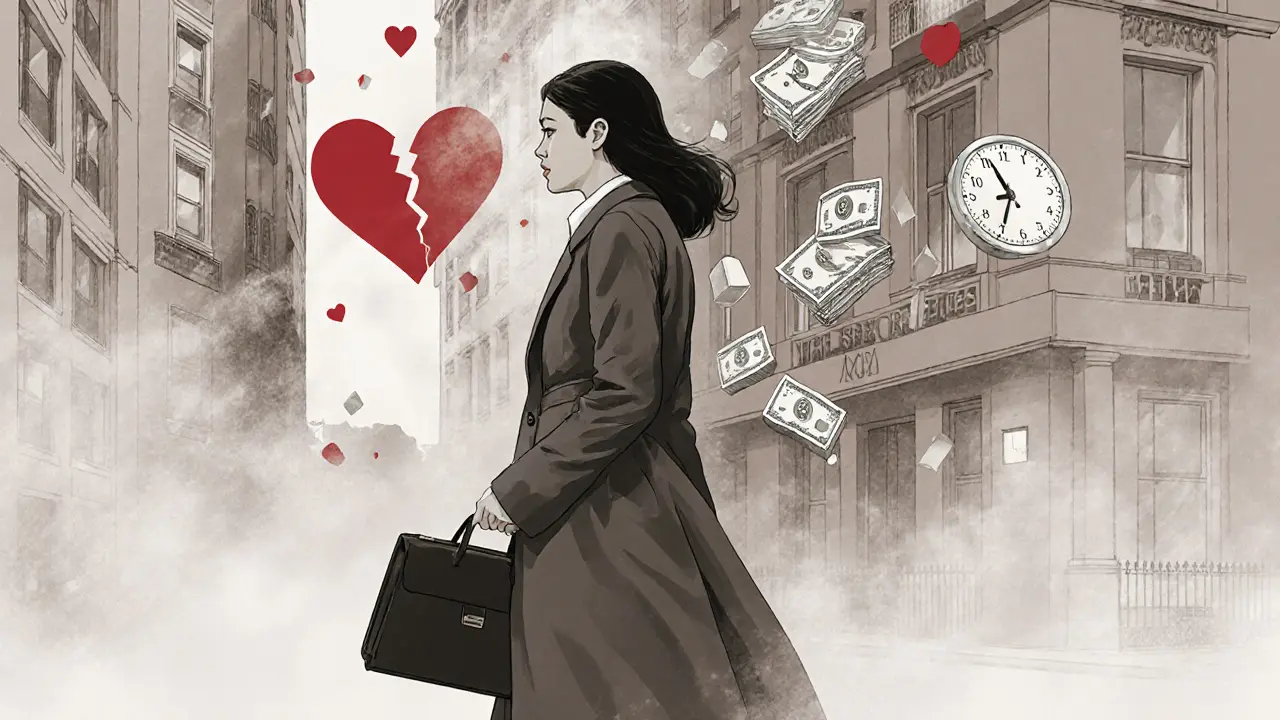 A professional woman walks away from a luxury building, emotional symbols fading behind her in mist.