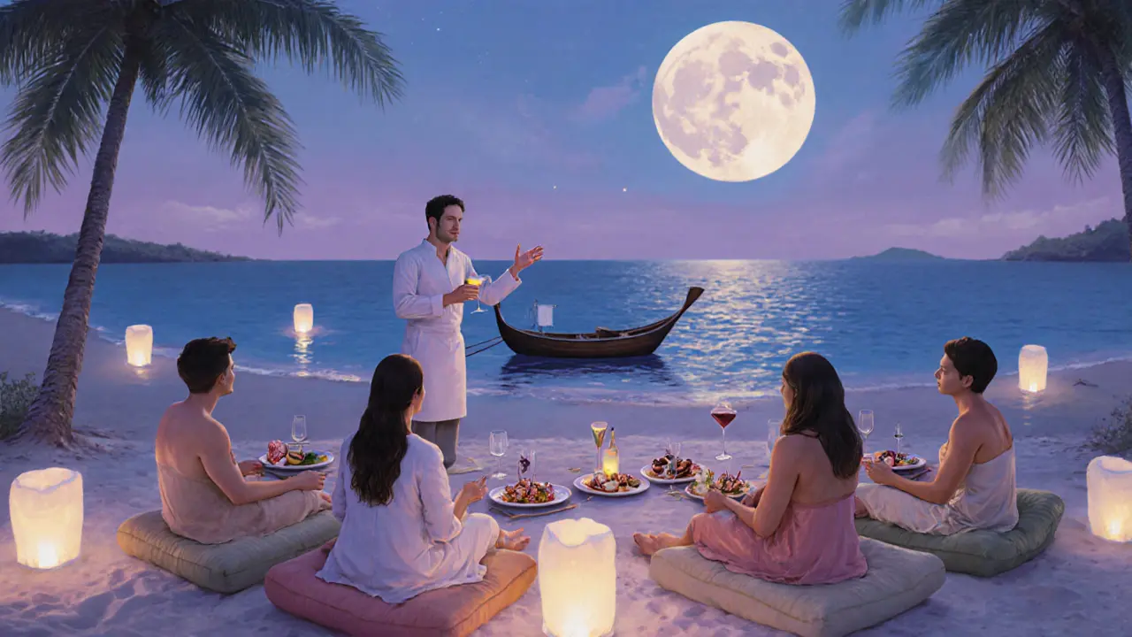 A quiet beachside lounge at dusk with guests enjoying custom drinks and small bites under moonlight.