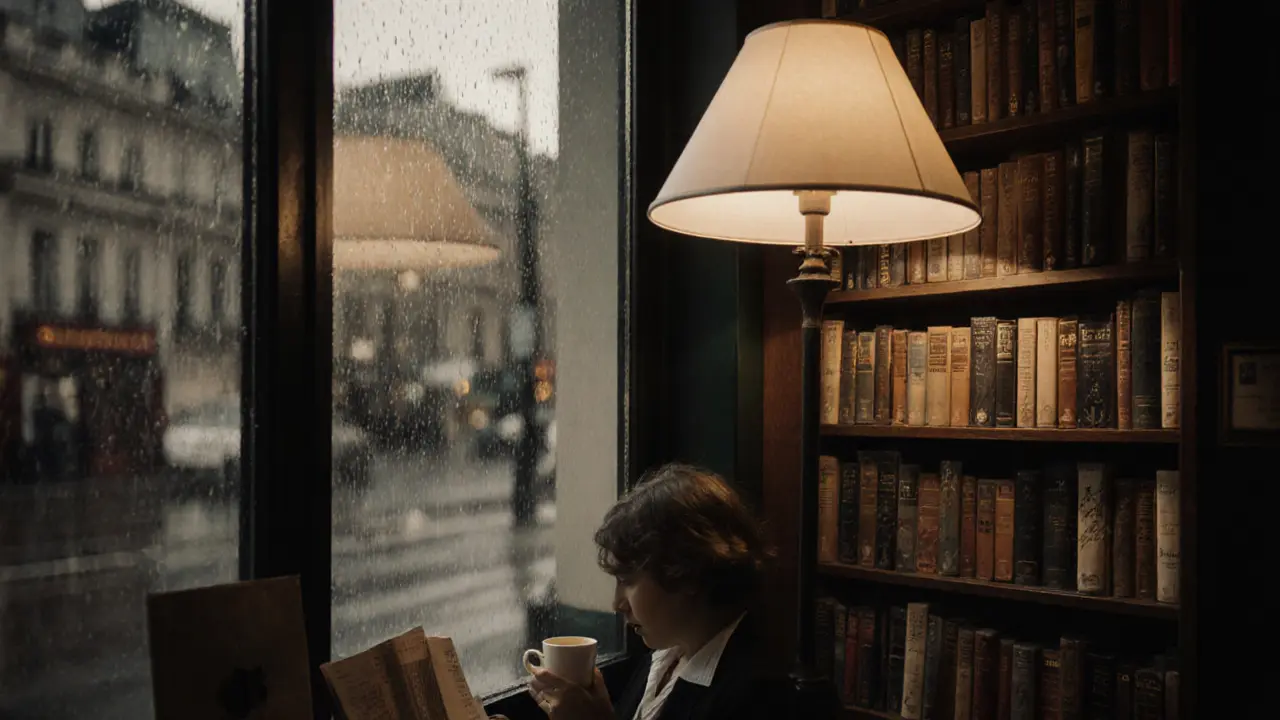 A quiet reader sipping tea among bookshelves in a softly lit 24-hour bookshop at dawn.