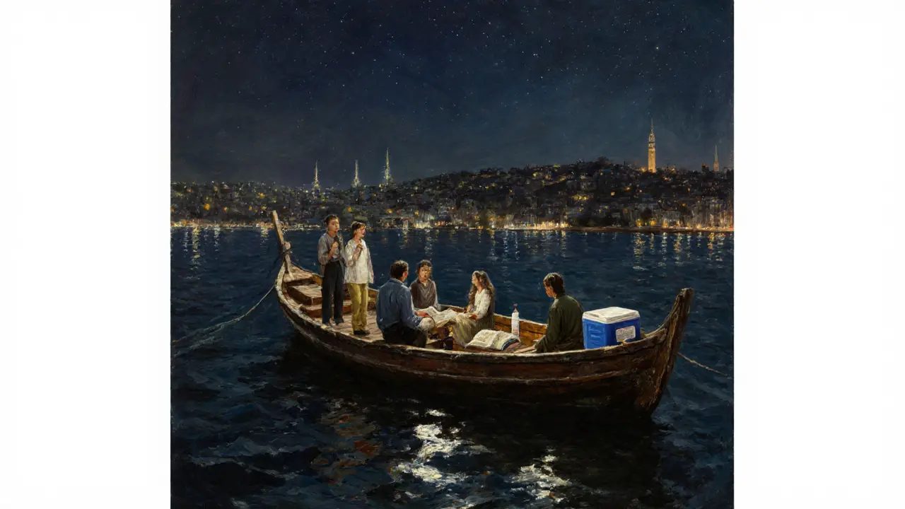 A quiet wooden boat drifting on the Bosphorus at night, stars and city lights reflecting on water.