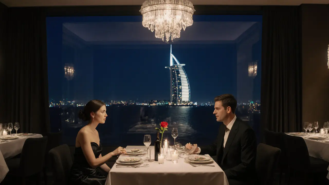 A refined dinner in DIFC with candlelight, fine dining, and the Burj Al Arab visible through the window.