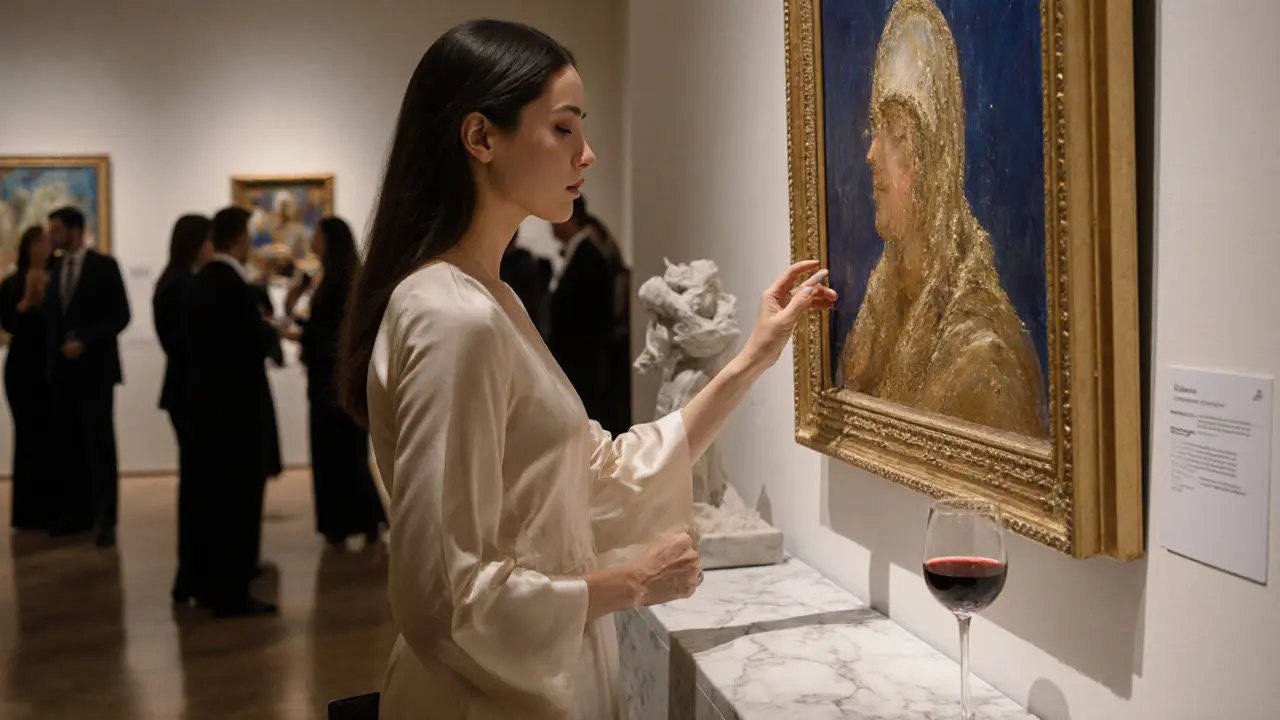 A refined woman examines art in a quiet museum VIP room, softly lit, surrounded by blurred guests in formal attire.