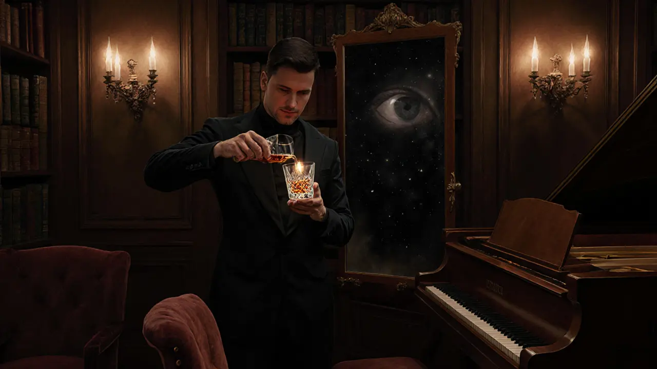 A secret lounge behind a bookshelf, a sommelier pouring aged whiskey in silence, candlelight reflecting off velvet and wood.