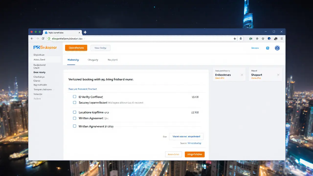 A secure digital booking portal on a computer screen showing verified client details and a Dubai .ae website.