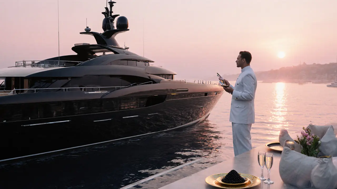 A sleek private yacht at sunrise, crew serving caviar on mother-of-pearl, no branding, calm sea reflecting the morning sky.
