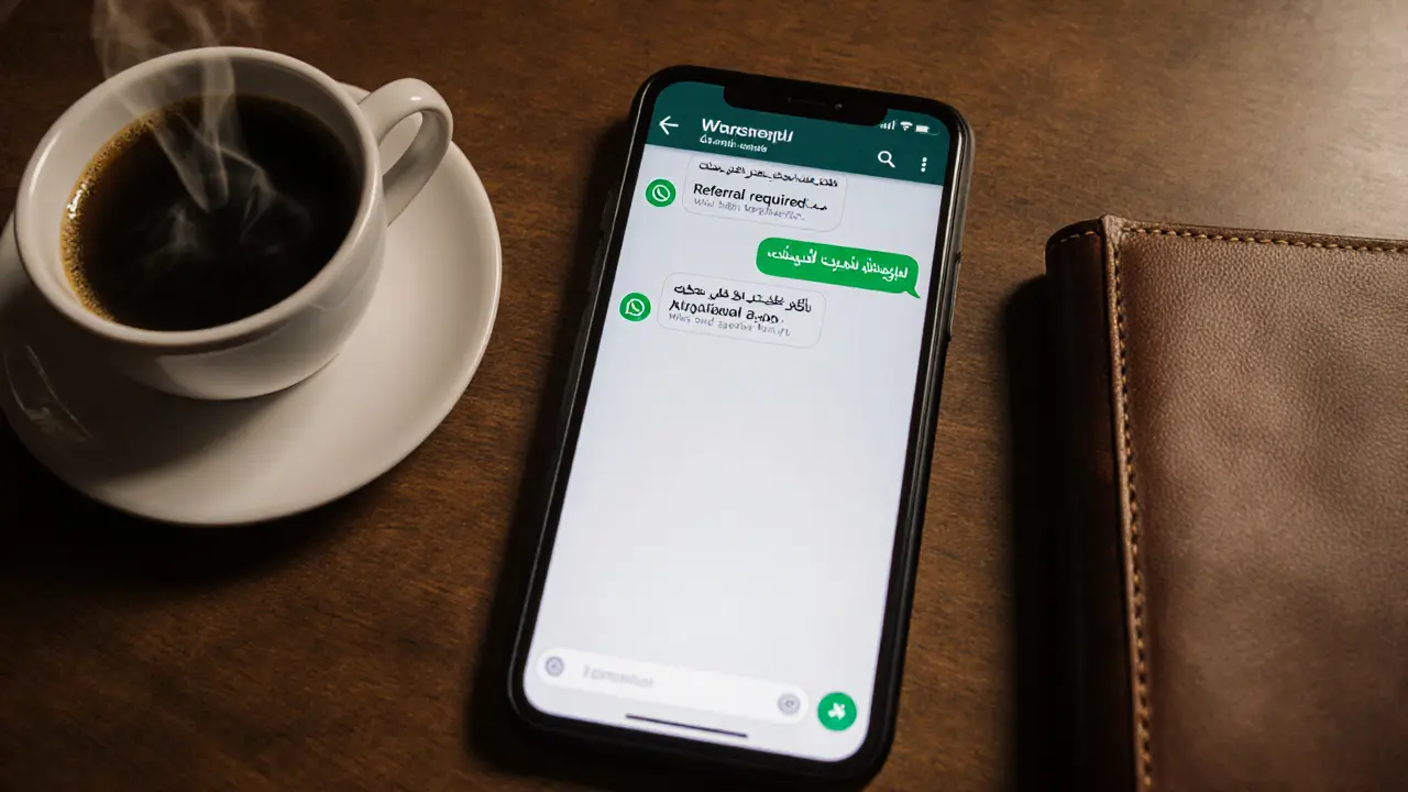 A smartphone showing a referral message for an escort agency beside Arabic coffee.