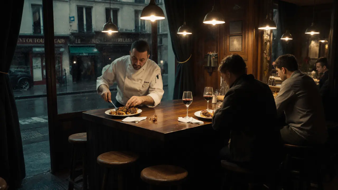 A tiny restaurant counter with a chef serving duck confit to quiet diners at 2 a.m.