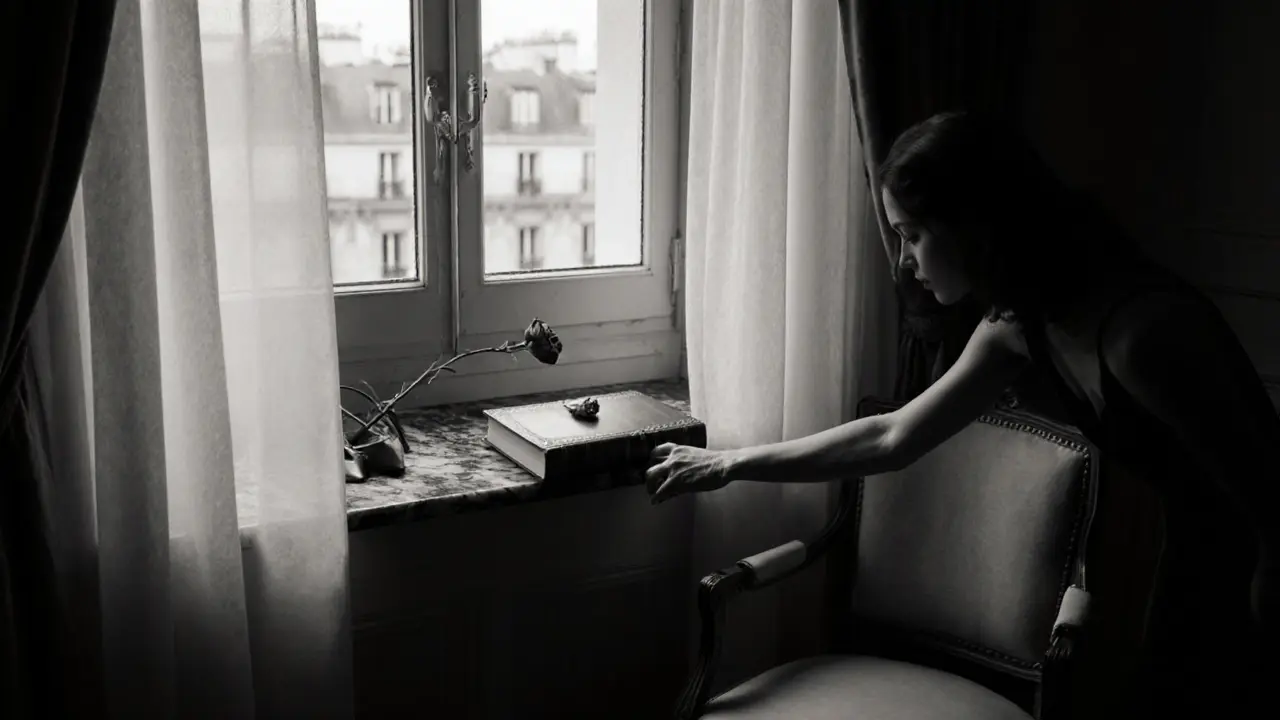 A vintage book and rose rest on a marble windowsill in a dimly lit Parisian lounge.