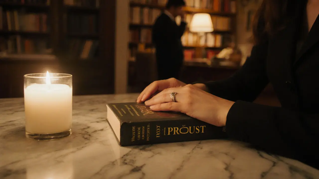 A woman&#039;s hands place a classic book on a marble table beside a candle, surrounded by literature, in a moment of silent intimacy.