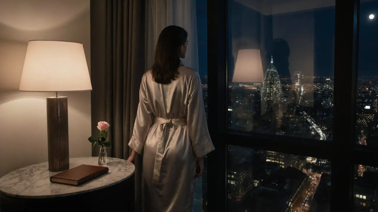 A woman alone in a luxurious London penthouse, gazing at the city lights at night.