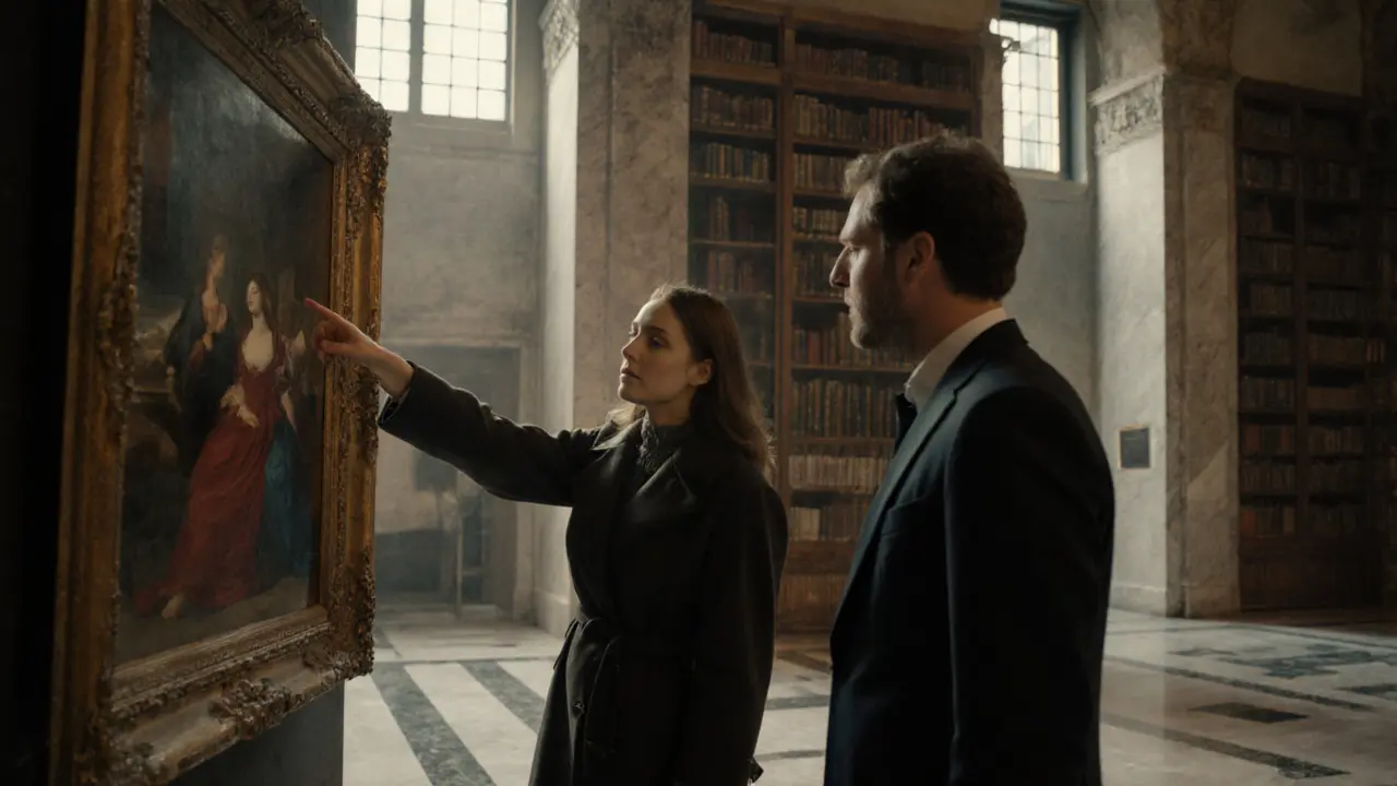 A woman and man engaged in quiet conversation before a Renaissance painting in an art gallery.