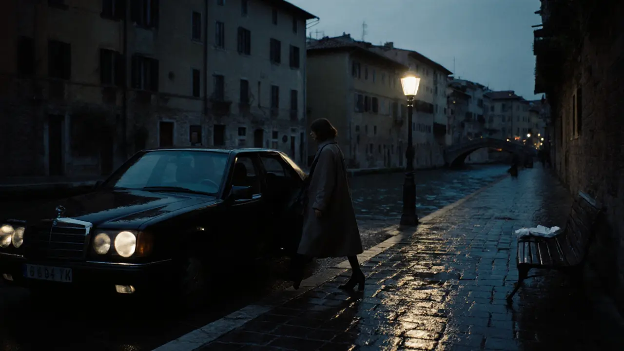 A woman entering a black car by a canal at twilight, leaving behind an empty wine bottle.