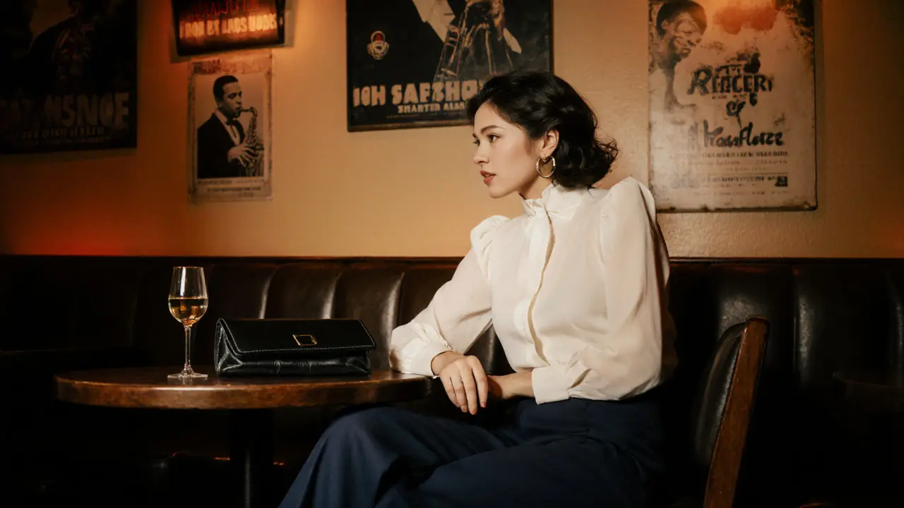 A woman in a high-neck blouse and wide-leg trousers enjoys a quiet moment in a dimly lit Paris jazz club.