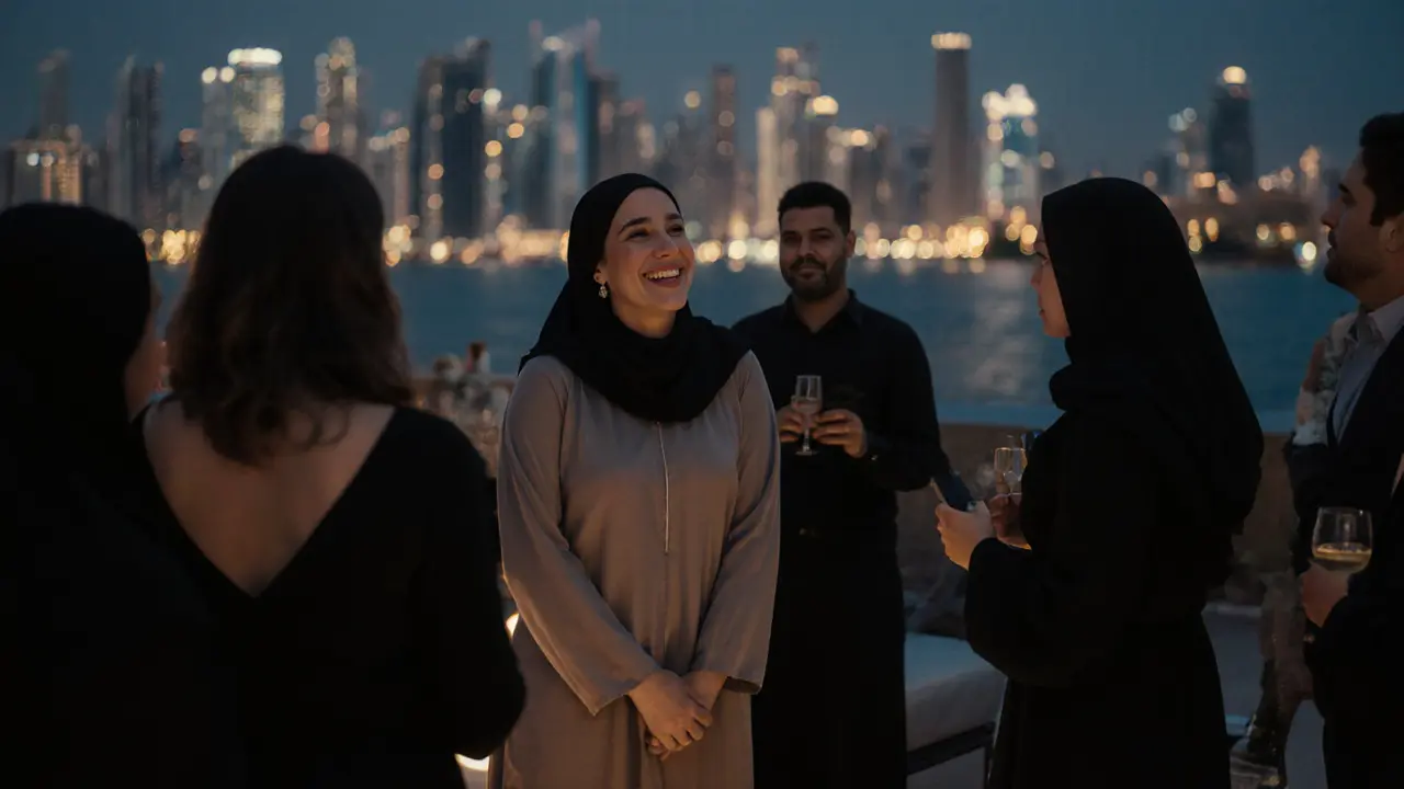 A woman in a modern abaya-style gown laughs softly on a rooftop lounge as Abu Dhabi&#039;s skyline glows behind her at dusk.