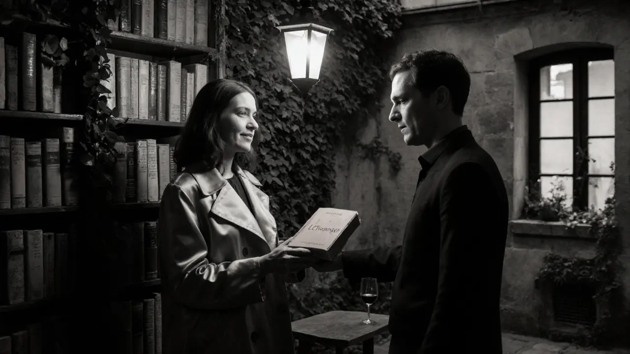 A woman offers a classic French novel to a man in a hidden courtyard, lantern light casting soft shadows.
