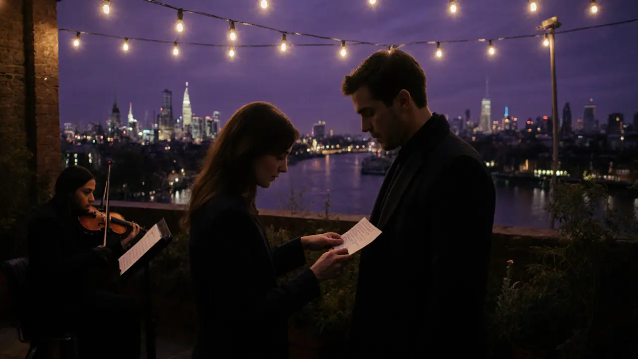 A woman placing a note in a man&#039;s coat pocket on a rooftop garden with city lights behind.