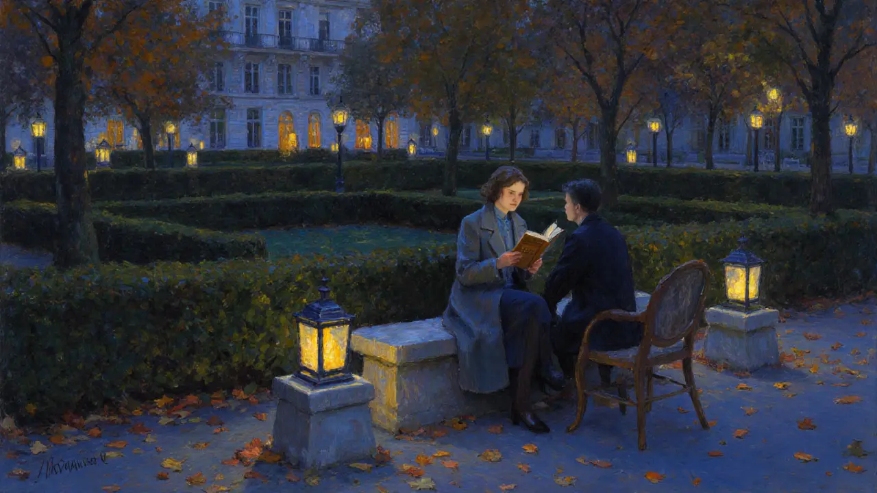 A woman reading aloud in a peaceful Paris garden at dusk, autumn leaves falling softly.