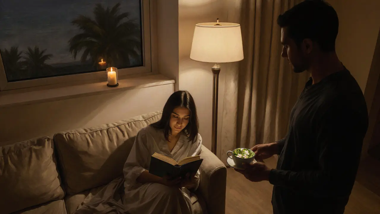 A woman reading on a sofa in a serene apartment, a man watching gently, no phones or distractions.