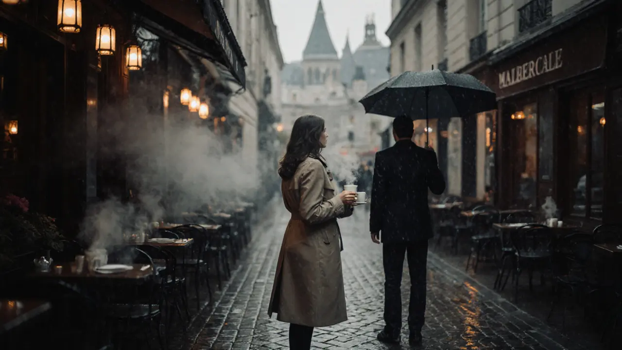 A woman waits under a café awning in Le Marais as a man approaches with an umbrella in the rain.