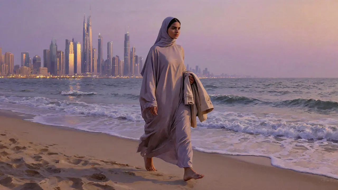 A woman walking peacefully along a deserted Dubai beach at dusk, dressed modestly under the twilight sky.