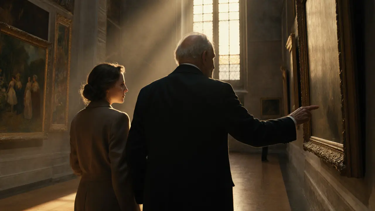 An elderly man and woman walking through an art museum, admiring paintings in golden light.