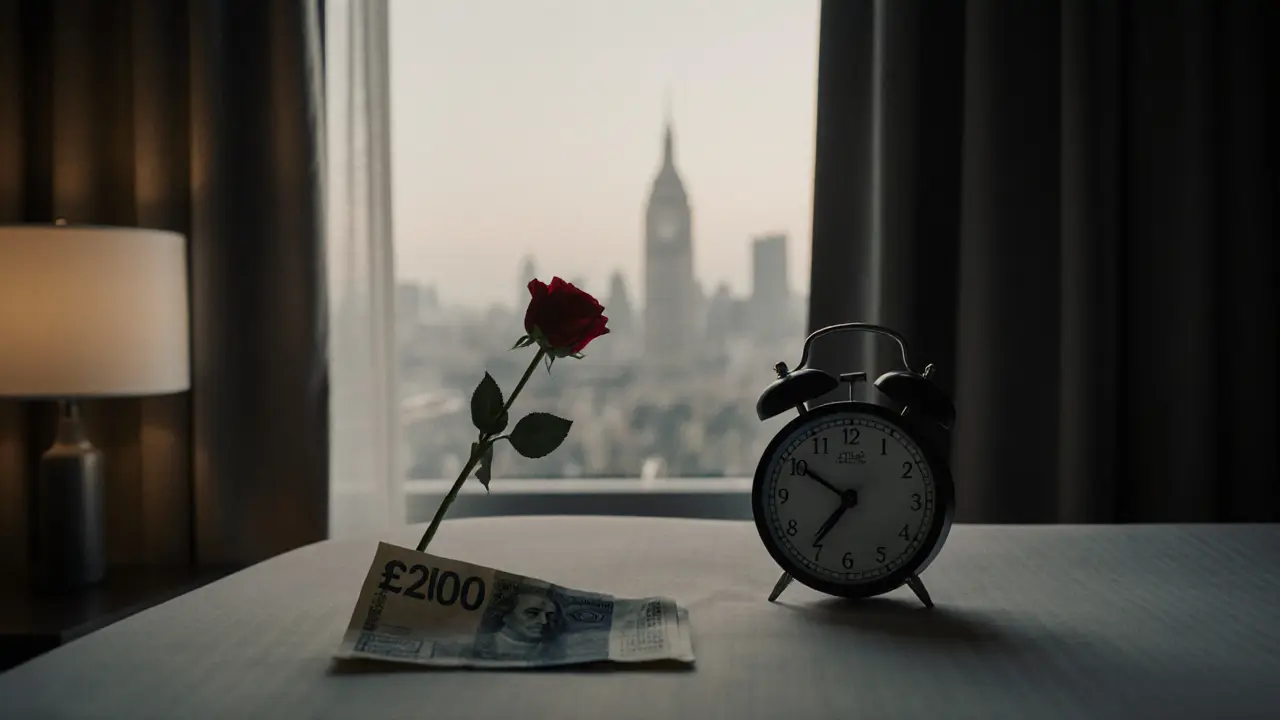 An empty hotel room at dawn: a rose and cash on the nightstand, alarm clock reading 07:00.