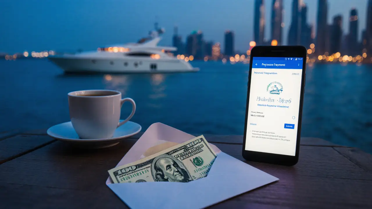 An envelope with a tip and a payment confirmation on a table beside a tea cup, symbolizing respectful closure.