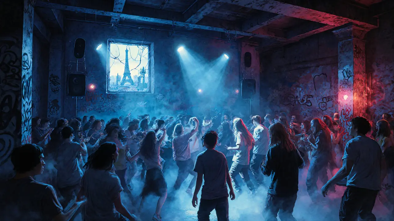 An industrial nightclub with neon lights and a crowd dancing to electronic music.