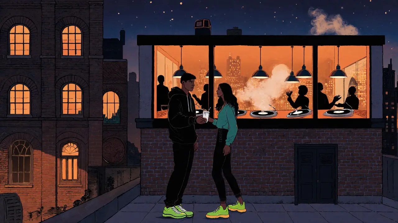 An industrial venue with a rooftop bar and late-night food, illuminated by warm lights against the city night.