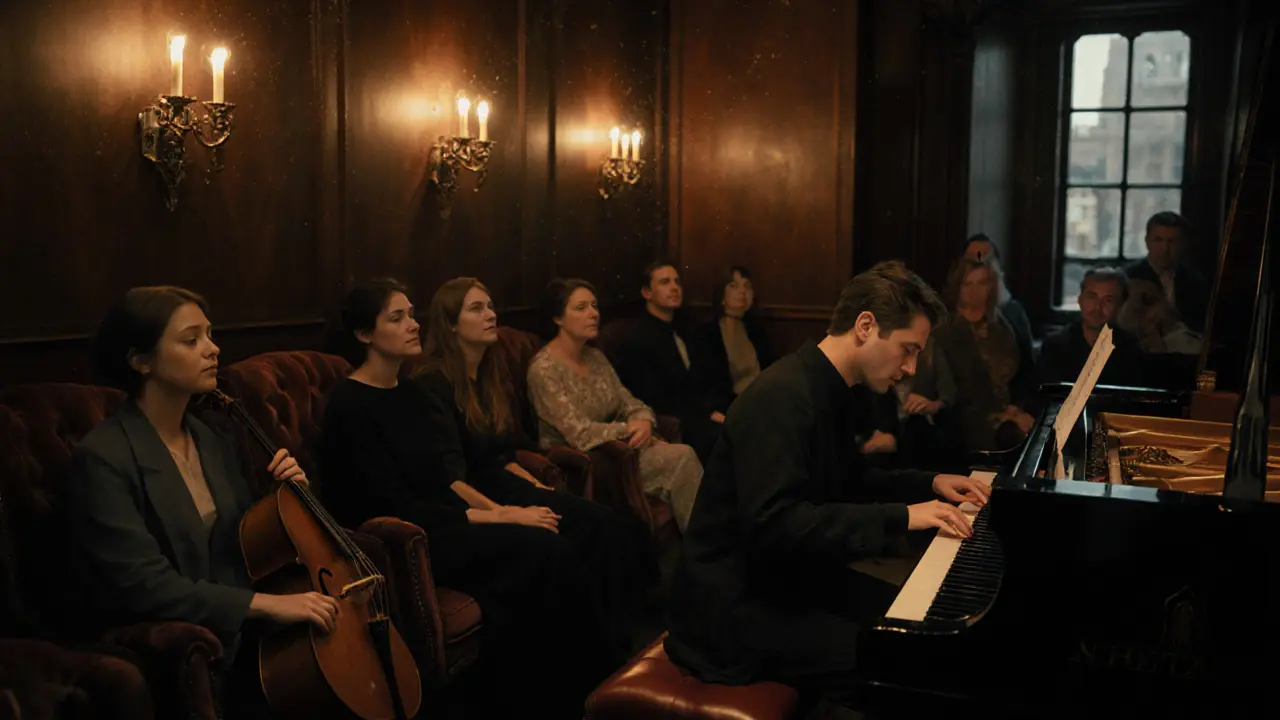An intimate acoustic music performance in a candlelit room with a pianist and thirty listeners seated on velvet chairs.